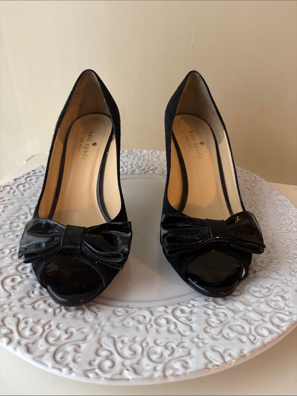kate spade Black Patent Bow Peep-Toe suede Heels w/3 1/4 heel